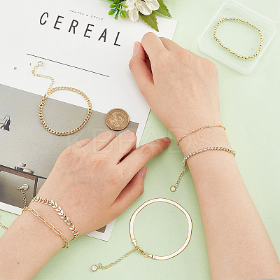 7Pcs 7 Style Brass Flat Snake & Satellite & Leaf Link Chain Anklets Set AJEW-PH0011-03-1