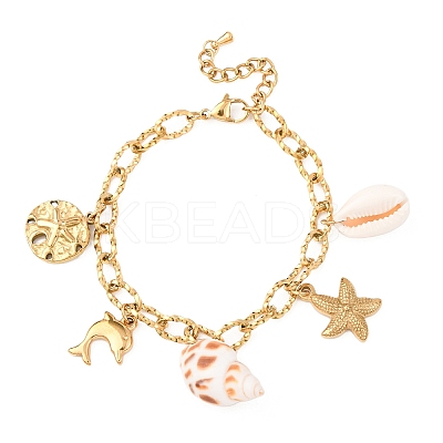 Dolphin & Starfish 304 Stainless Steel Charm Bracelets for Women BJEW-F516-01G-1