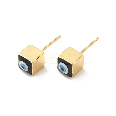 Long-Lasting Plated Cube with Enamel Evil Eye Stud Earring EJEW-E272-01G-02-1