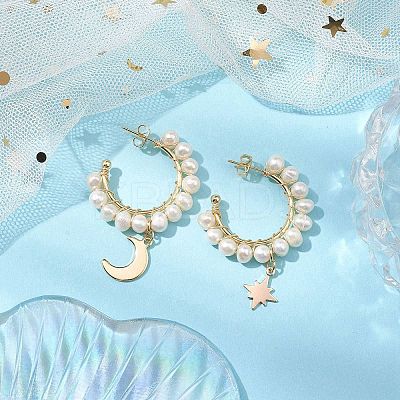 Moon & Star Natural Pearl Dangle Half Hoop Earrings EJEW-JE05895-02-1