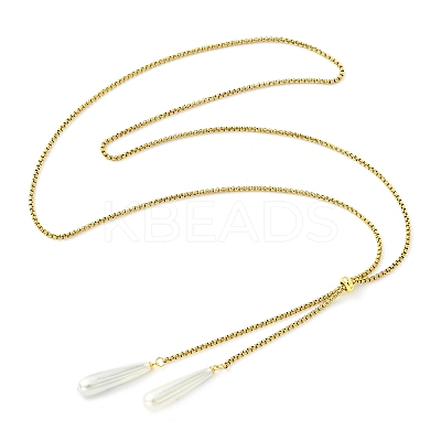 Adjustable Electroplate Shell Pearl Teardrop Tassel 304 Stainless Steel Box Chain Slider Lariat Necklaces for Women NJEW-JN06021-1