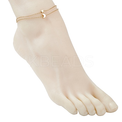3Pcs 3 Styles Brass Clover Cross Moon Star Link 304 Stainless Steel Cable Chain Anklets for Women AJEW-AN00748-1