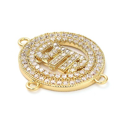 Brass Micro Pave Clear Cubic Zirconia Ring with Letter QTR Connector Charms KK-L229-073G-1