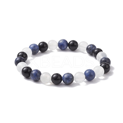 Natural Sodalite & Selenite & Eyeless Obsidian Round Beaded Stretch Bracelets BJEW-JB10114-02-1