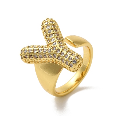 Letter Brass Micro Pave Clear Cubic Zirconia Open Cuff Ring for Women RJEW-N046-03Y-G-1