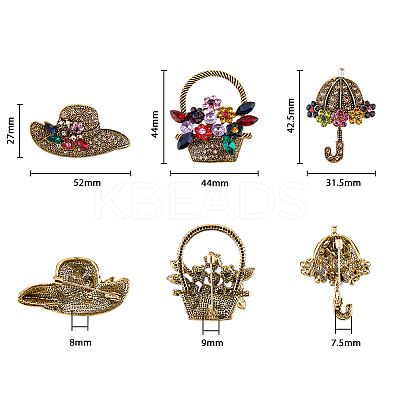 3Pcs 3 Style Colorful Rhinestone Umbrella & Hat & Flower Basket Brooch Pin JEWB-FH0001-13-1