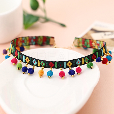Cloth Embroidery Band with Colorful Wool Pom Pom Ball Tassel Choker Necklaces for Women FS-WG50431-01-1