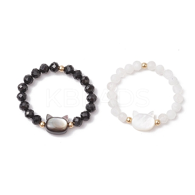 Natural Rainbow Moonstone and Natural Black Tourmaline Beaded Rings RJEW-TA00196-1