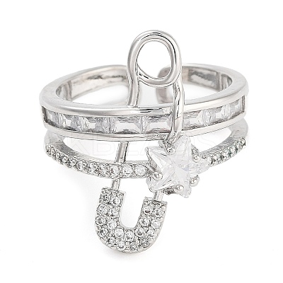 Rack Plating Brass Micro Pave Cubic Zirconia Paper Clip Open Cuff Rings for Women RJEW-C080-02P-1