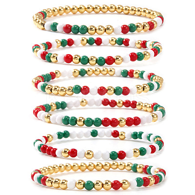 6Pcs Christmas Round Glass & Brass Beaded Stretch Bracelet Sets HE1918-1-1