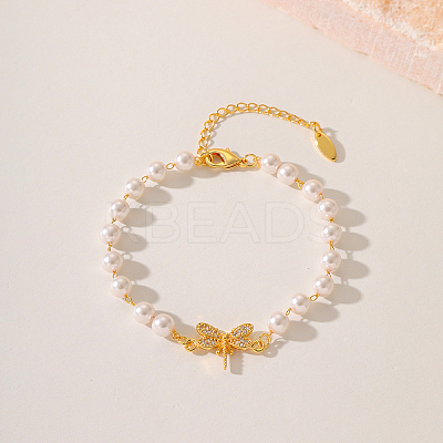 Fashionable Dragonfly Brass Crystal Rhinestone & Imitation Pearl Braided Bead Bracelets for Women DV0214-2-1