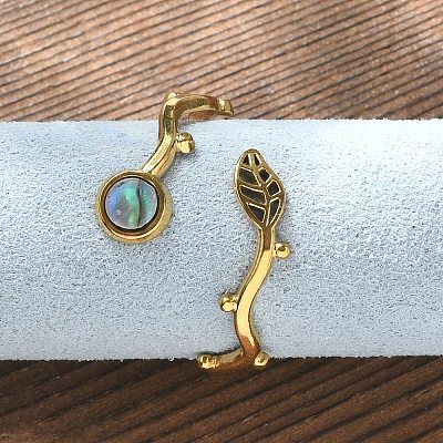Leaf & Flat Round 304 Stainless Steel Paua Shell Cuff Rings for Women RJEW-G346-01G-01-1
