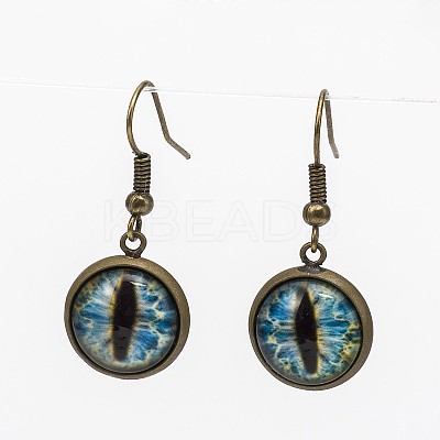 Trendy Antique Bronze Brass Dragon Eye Printed Glass Dangle Earrings EJEW-JE01479-1