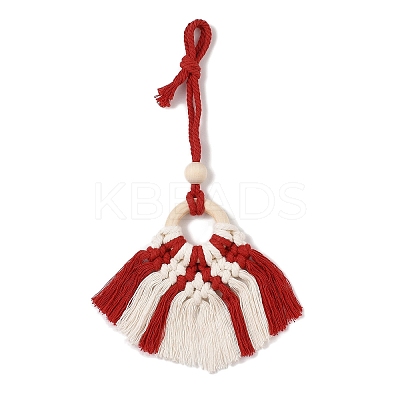 Handmade Macrame Nylon Thread Pendant Decorations with Wood Beads HJEW-P019-03B-1