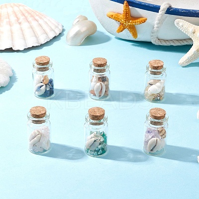 6Pcs Natural Lapis Lazuli/Amethyst/Carnelian/Citrine/Rose Quartz/ Amazonite Chip & Cowrie Shell Beads Healing Crystals Wishing Bottles PALLOY-JF03788-1