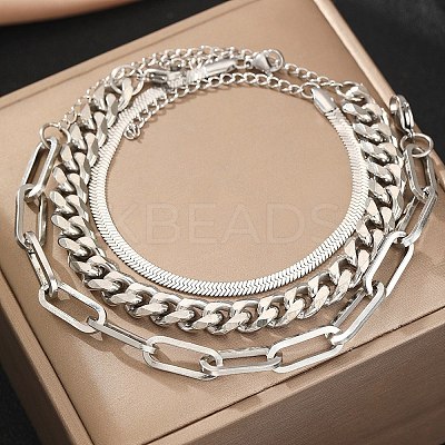 3Pcs 3 Styles 304 Stainless Steel Chain Bracelet Set BJEW-F505-01P-1
