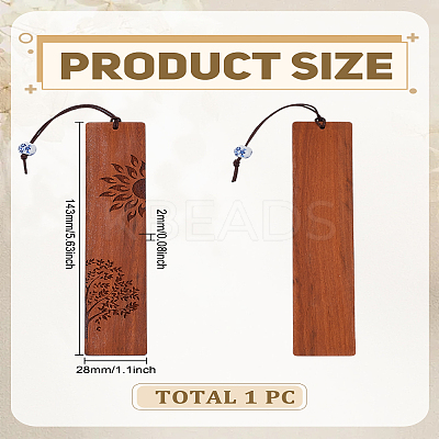 1Pc Rectangle Handmade Natural Wooden Carving Bookmarks with Rope Pendant AJEW-LP0004-27B-1