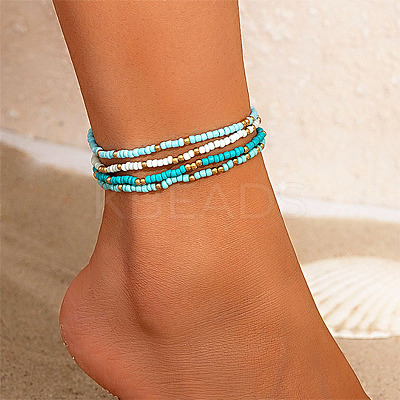 4Pcs Bohemian Style Glass Seed Rondelle Beaded Stretch Anklets for Women WG3334E-02-1