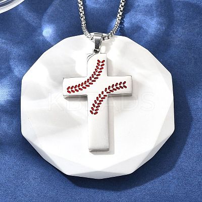 201 Stainless Steel Wheat Cross Pendant Box Chain Necklaces for Women Men NJEW-B124-01P-1