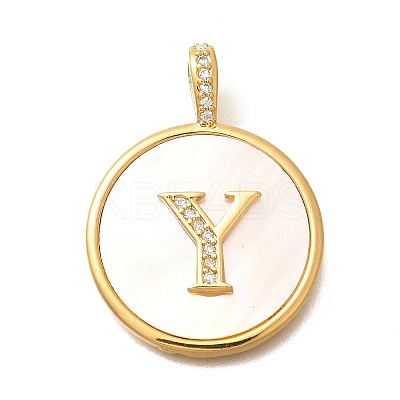 Rack Plating Brass Micro Pave Clear Cubic Zirconia Pendants with Shell KK-M309-42G-Y-1