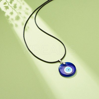 Blue Lampwork Evil Eye Pendant Necklace with Waxed Cord for Women NJEW-JN03955-04-1