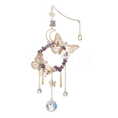 Iron Butterfly & Natural Amethyst Chip Ring Pendant Decorations HJEW-TA00244-1