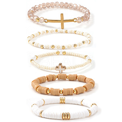 5Pcs 5 Styles Glass & Resin Beads Stretch Bracelet UJ8716-1-1