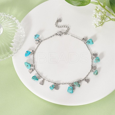 Synthetic Turquoise Chips & Heart Charms Anklet AJEW-AN00512-01-1