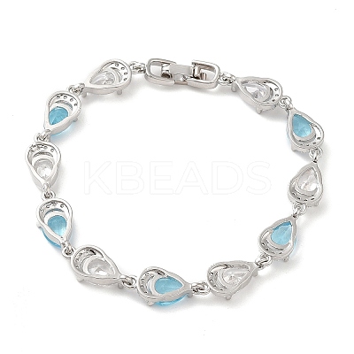Glass Teardrop with Cubic Zirconia Link Chain Bracelet BJEW-M296-04P-1