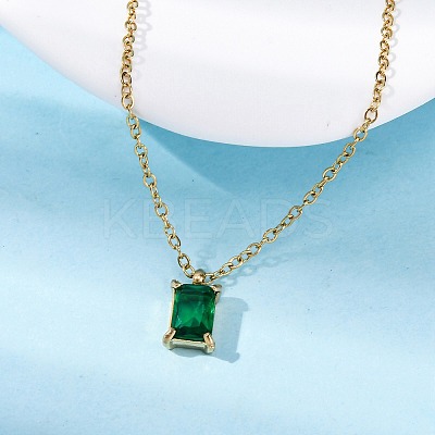304 Stainless Steel Fern Green Rhinestone Rectangle Pendant Cable Chain Necklaces NJEW-U026-01G-1