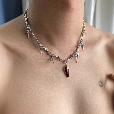Halloween Alloy Spiked Thorns Link Dark Red Coffin Shaped Pendant Necklaces for Women LS-NJEW-K294-01P-1