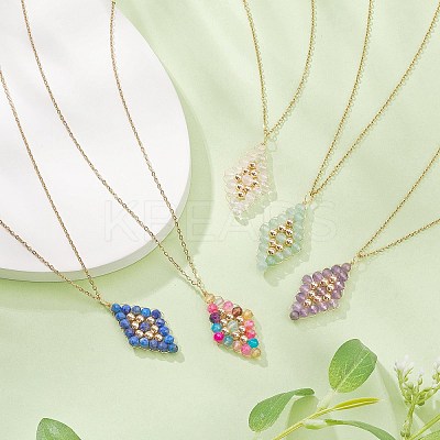 Natural Mixed Gemstone Beaded Rhombus Pendant Necklace NJEW-JN04319-1