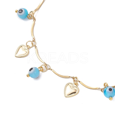 Handmade Evil Eye Lampwork & Stainless Steel Heart Tassel 304 Stainless Steel Curved Bar Link Chain Anklets for Women AJEW-AN00742-03-1