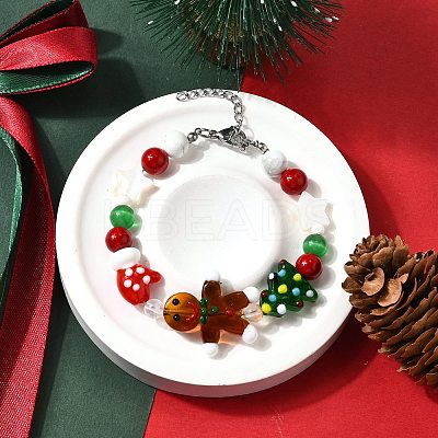 Handmade Lampwork with Glass and Natural Gemstone Christmas Theme Beaded Bracelets for Women BJEW-TA00657-1