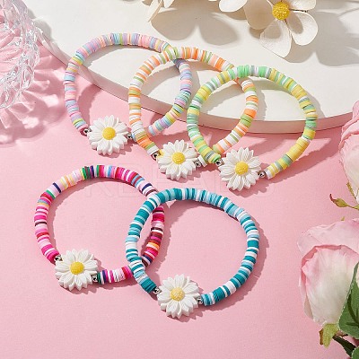 5Pcs 5 Color Polymer Clay Heishi Surfer Stretch Bracelets Set BJEW-JB10123-02-1