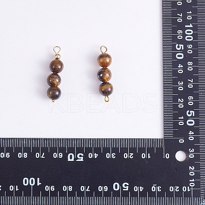 10Pcs Triple Natural Tiger Eye Round Beaded Connector Charms PALLOY-SW00003-06-1