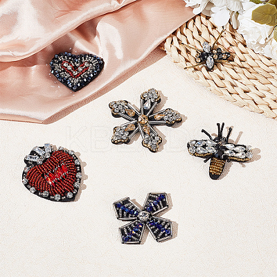 6Pcs 6 Style Bees Flower Heart Handicraft Acrylic Beaded Appliques PATC-GO0001-07-1