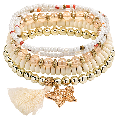 1 Set Bohemian Vacation Style Glass Beaded Stackable Stretch Bracelets Set for Women BJEW-SP0001-13-1