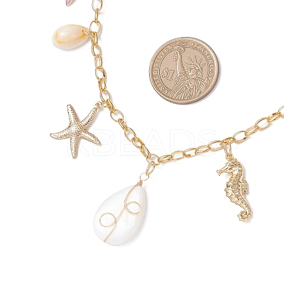 3Pcs 3 Styles Alloy Enamel Whale Tail Starfish & Natural Shell Teardrop Pendant 304 Stainless Steel Cable Chain Necklaces for Women NJEW-JN05407-1