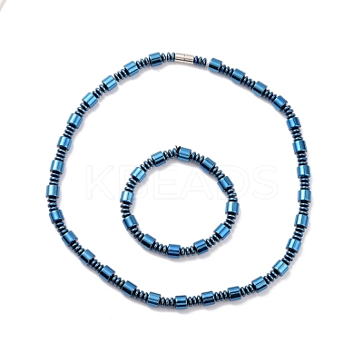 Synthetic Hematite & Brass Column Beaded Necklace Bracelet with Magnetic Clasps SJEW-G079-01-1