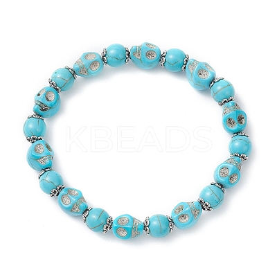 Halloween Dyed Synthetic Turquoise Skull & Round Beaded Stretch Bracelets for Men Women BJEW-JB12255-02-1