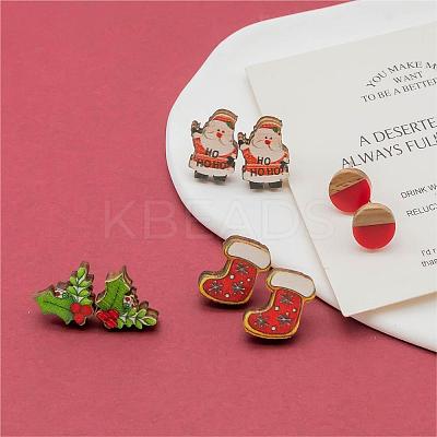 4 Pairs Santa Claus & Holly Leaves & Christmas Socking Printed Wood Stud Earrings EJEW-OY001-02-1
