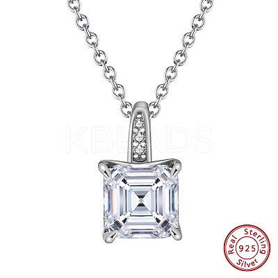 925 Sterling Silver Pave Clear Cubic Zirconia Square Pendant Necklaces NJEW-G172-02P-1