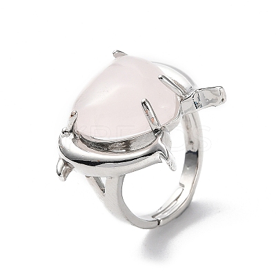 Natural Rose Quartz Dolphin & Heart Adjustable Rings RJEW-K241-02P-01-1