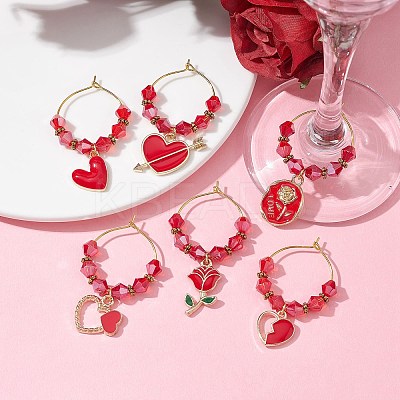 Valentine's Day Alloy Enamel Pendants Wine Glass Charms Sets AJEW-JO00223-1