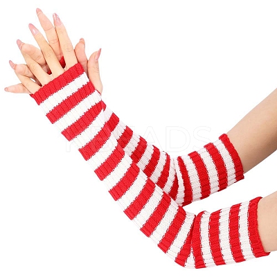 Stripe Acrylic Fibers Knitting Long Fingerless Gloves PW-WG9BE2E-05-1