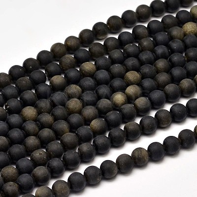 Frosted Natural Golden Sheen Obsidian Round Bead Strands G-F266-04-6mm-1
