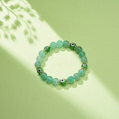 Natural Green Aventurine & Lampwork Evil Eye Round Beaded Stretch Bracelet BJEW-JB08713-07-1