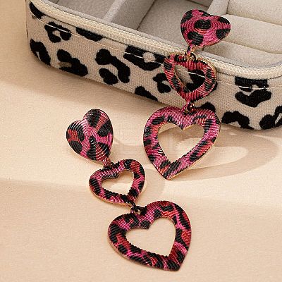 Heart with Leopard Print Alloy Tassel Stud Earrings LS-EJEW-Z112-05G-1