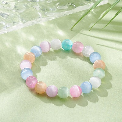 Dyed Natural Selenite Round Beaded Stretch Bracelet BJEW-JB09411-01-1